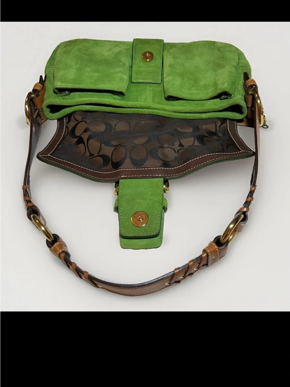 Coach Soho Flap Shoulder Bag, Green Split Suede, Brown Corset Laced Strap 2004